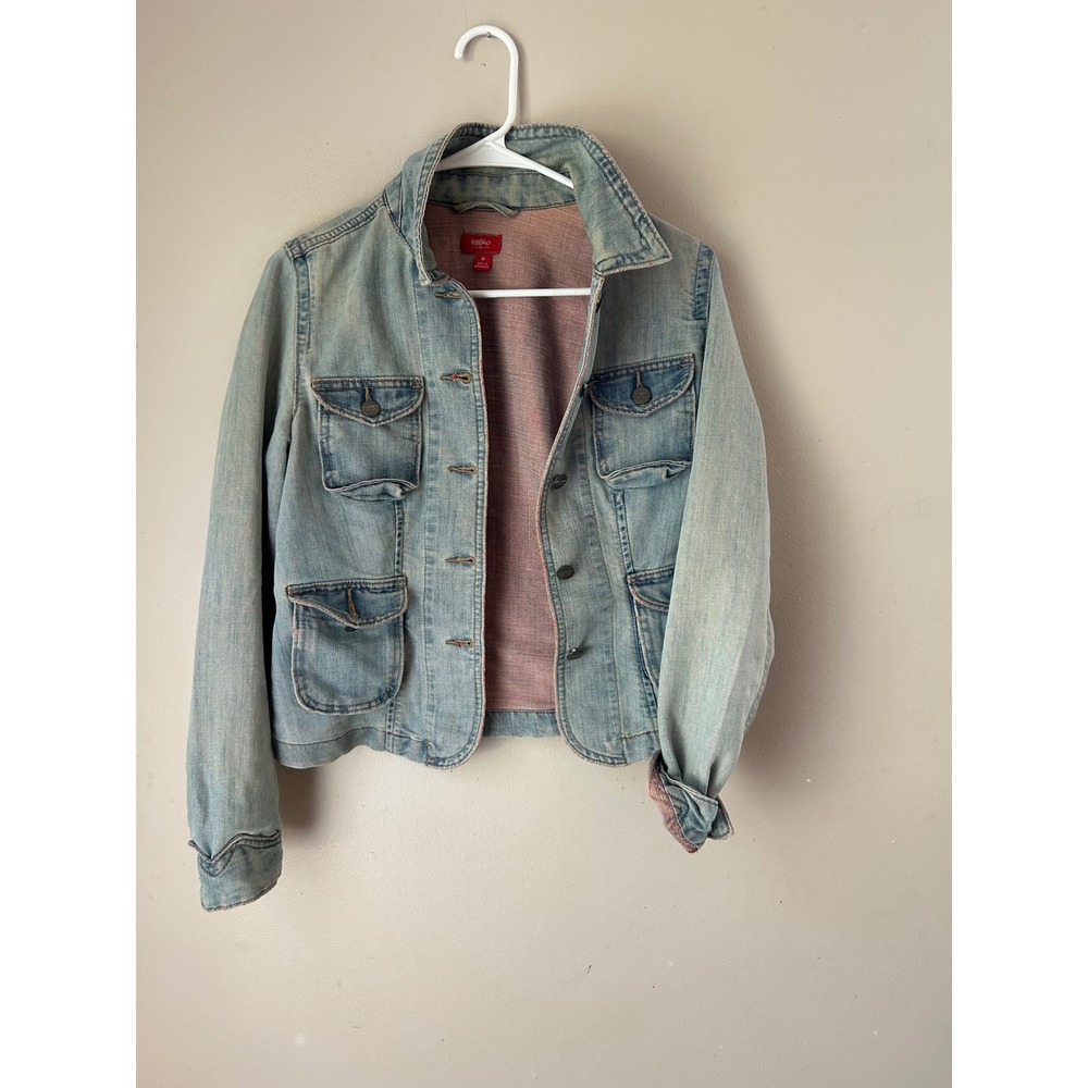 Y2K Mossino Denim Jacket ‎ Pocket Light Wash Distressed Utility Streetwear Retro